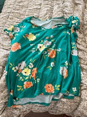 LOFT Teal Floral Short Sleeve Top